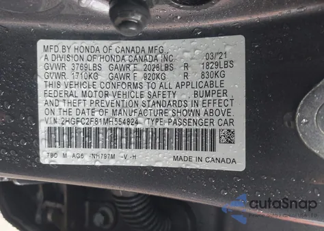 2021 Honda Civic Sport from USA, damaged, VIN 2HGFC2F81MH554824